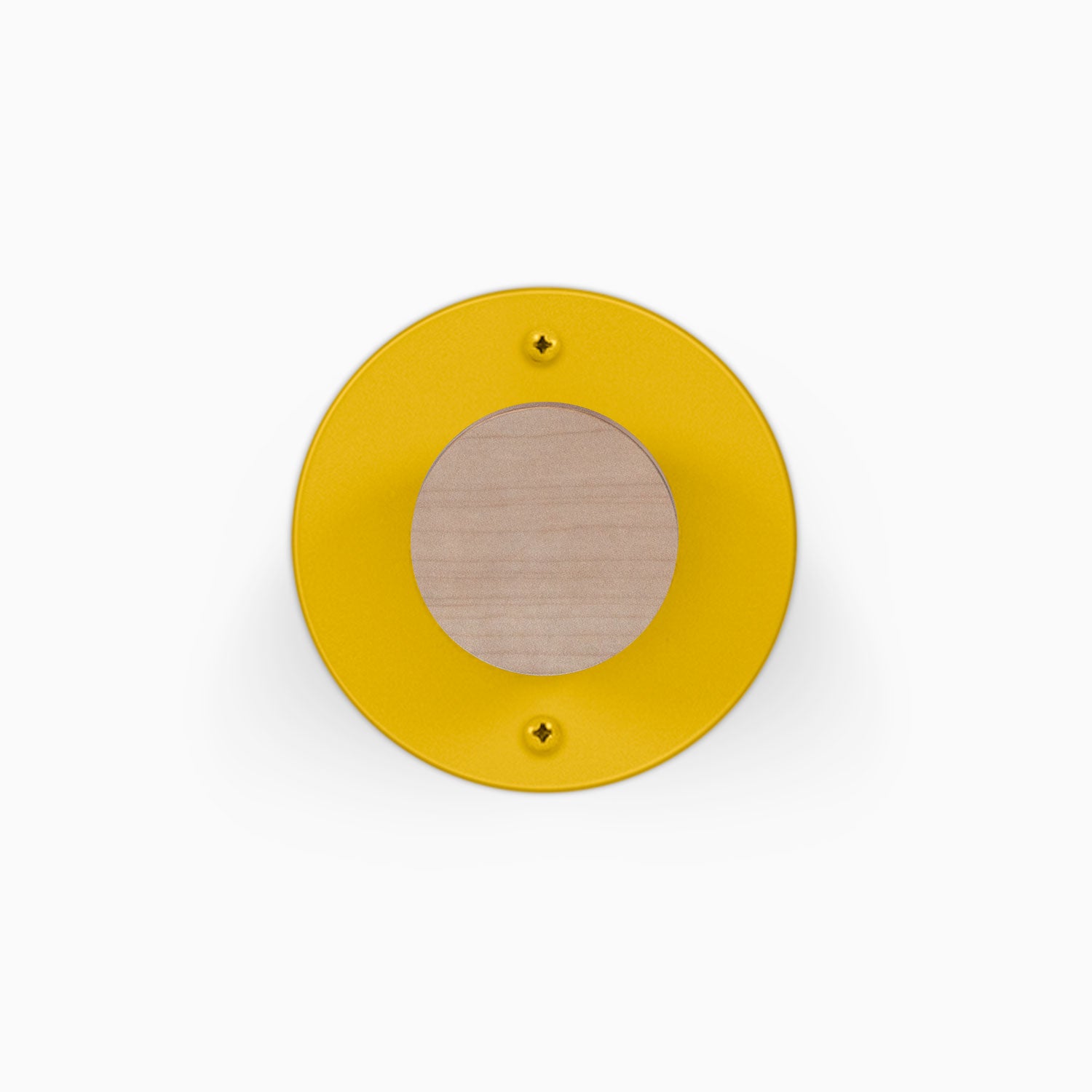 Runda Coat Rack 1 yellow circular wall hook with a natural wood center and two visible mounting screws