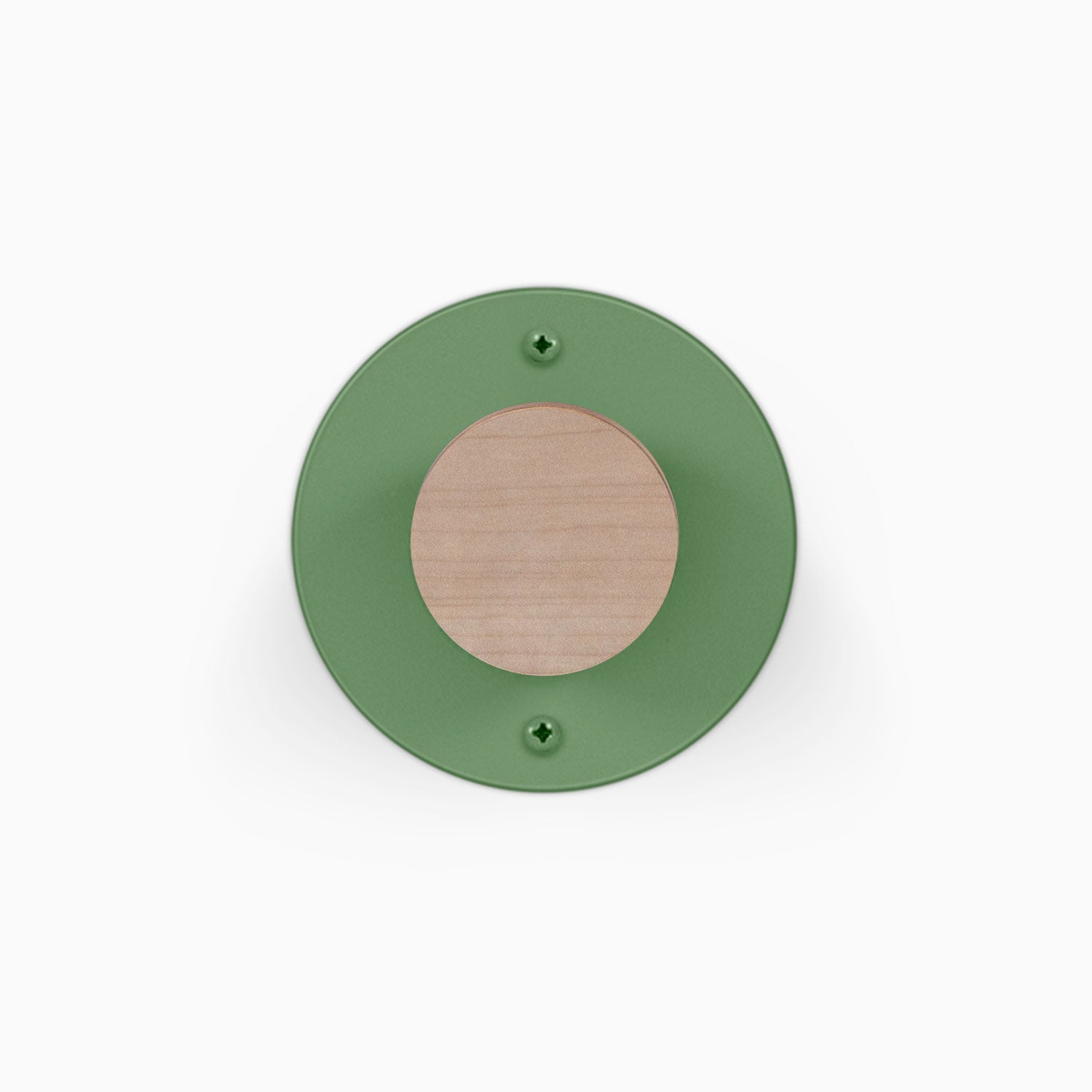 Runda Coat Rack 1 round green wall hook with natural wood center and visible mounting screws for compact wall organization