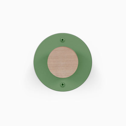 Runda Coat Rack 1 round green wall hook with natural wood center and visible mounting screws for compact wall organization