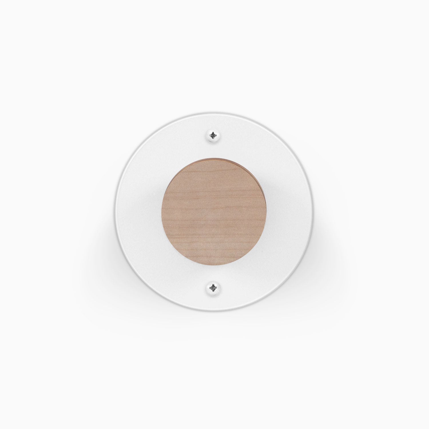 Runda Coat Rack 1 white circular wall mount with a natural wood center and visible mounting screws