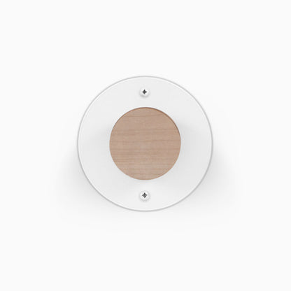 Runda Coat Rack 1 white circular wall mount with a natural wood center and visible mounting screws