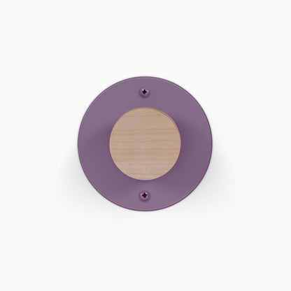 Runda Coat Rack 1 round purple wall hook with a natural wood center and visible mounting screws for organized entryway storage