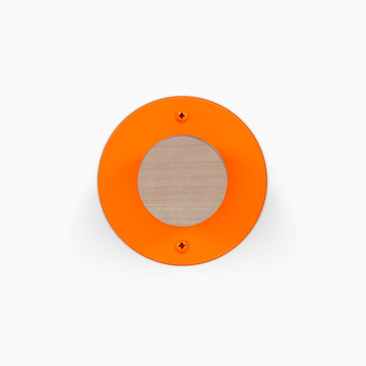 Runda Coat Rack 1 orange circular wall hook with a wood center and two visible mounting screws