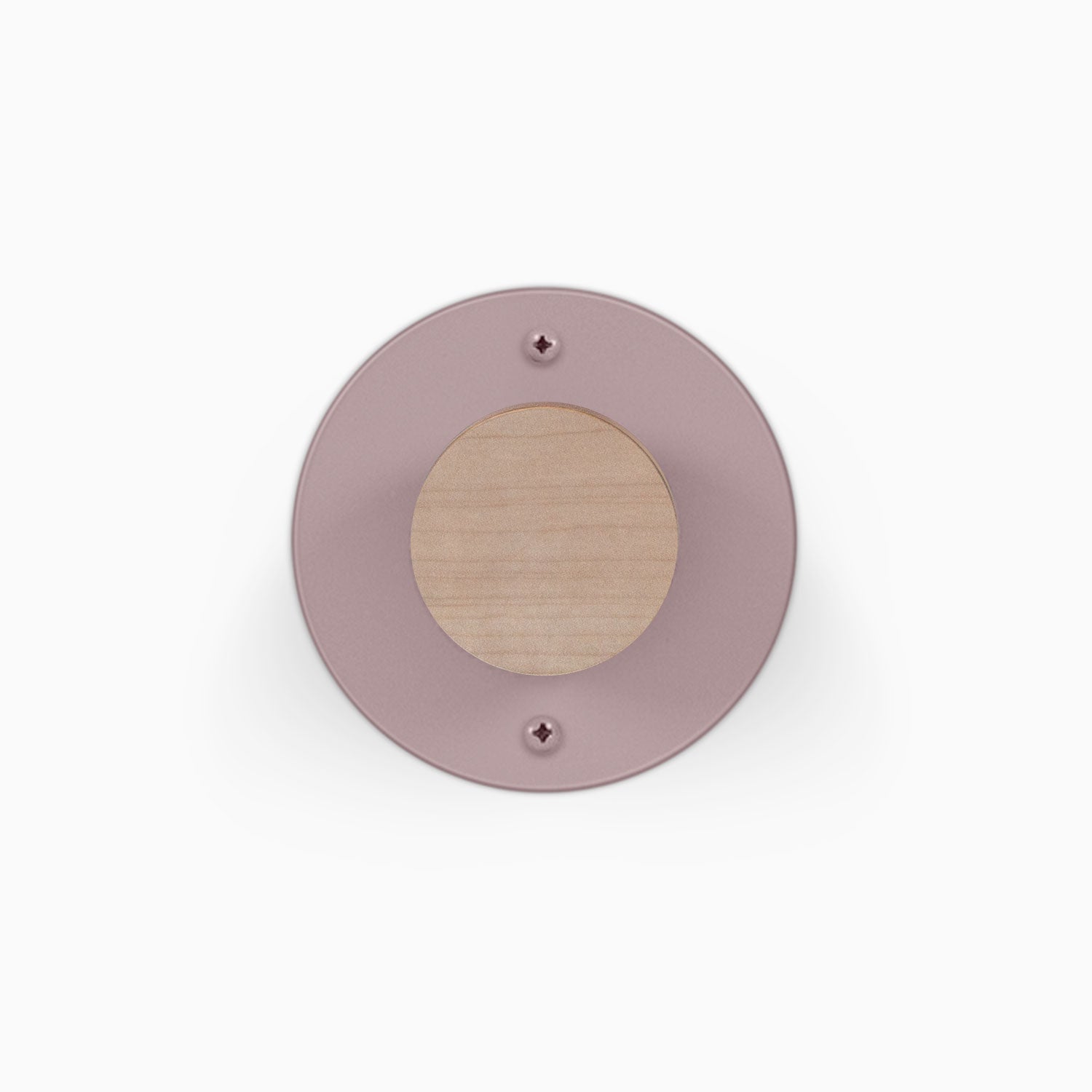 Runda Coat Rack 1 round coat rack with a blush pink circular backplate and natural wood center on a white background