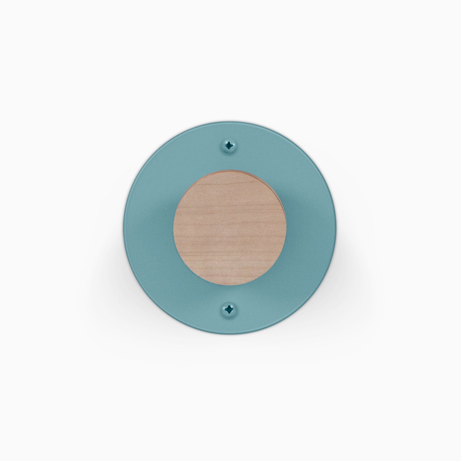Runda Coat Rack 1 round teal wall hook with a natural wood center and two visible mounting screws for organized entryways