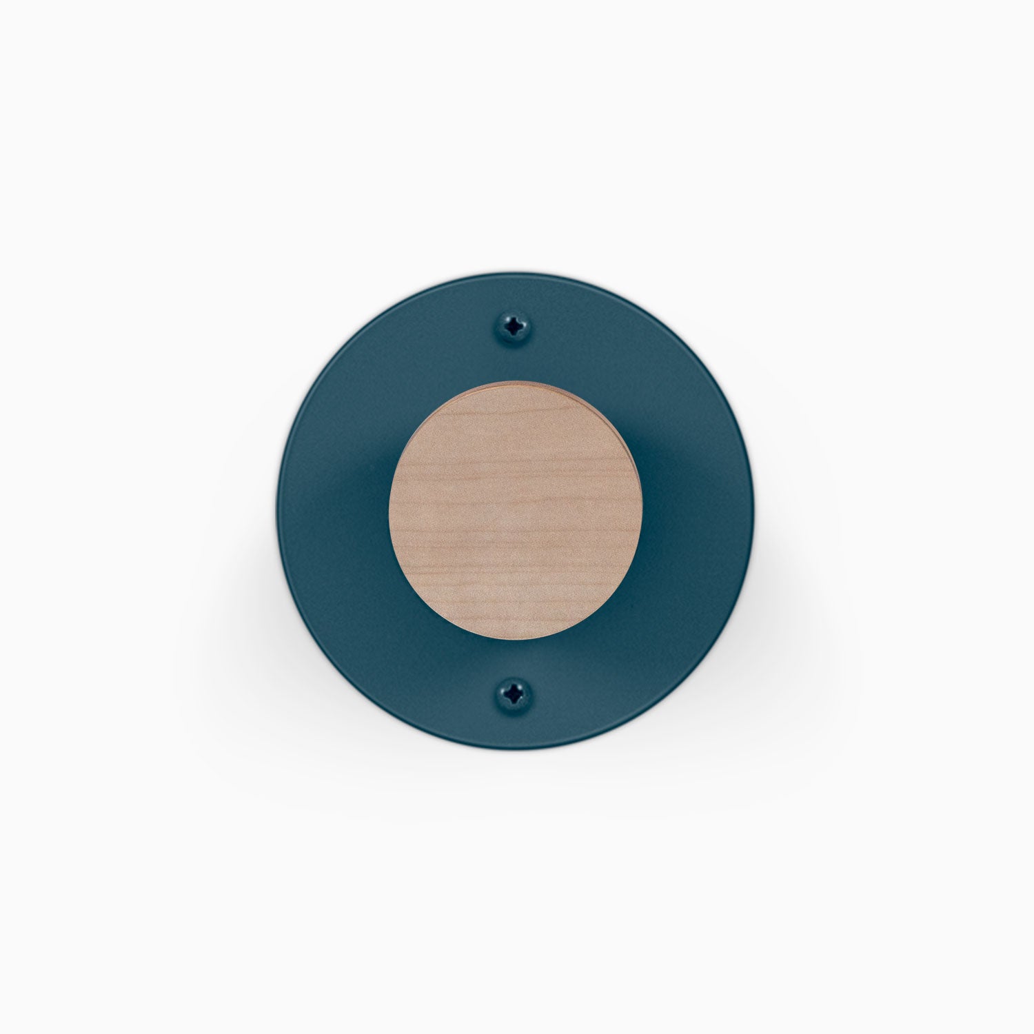 Runda Coat Rack 1 with a round teal wall plate and light wood center hook for minimalist wall organization