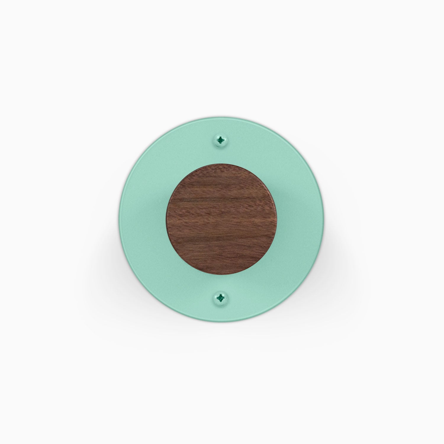 Runda Coat Rack 1 mint green round wall mounted coat rack with a walnut wood center and two visible mounting hooks