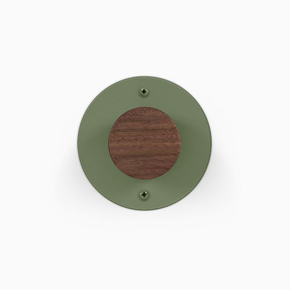 Runda Coat Rack 1 round green wall hook with a walnut wood center for minimalist entryway organization
