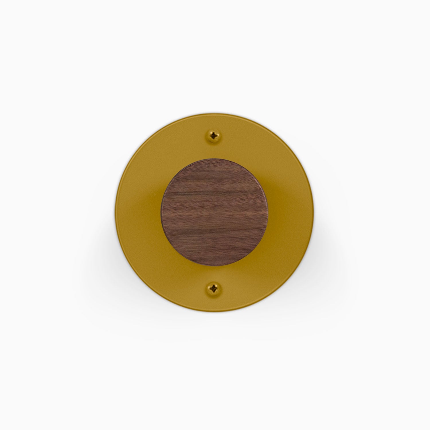 Runda Coat Rack 1 round gold wall hook with a centered wood accent and two visible mounting screws