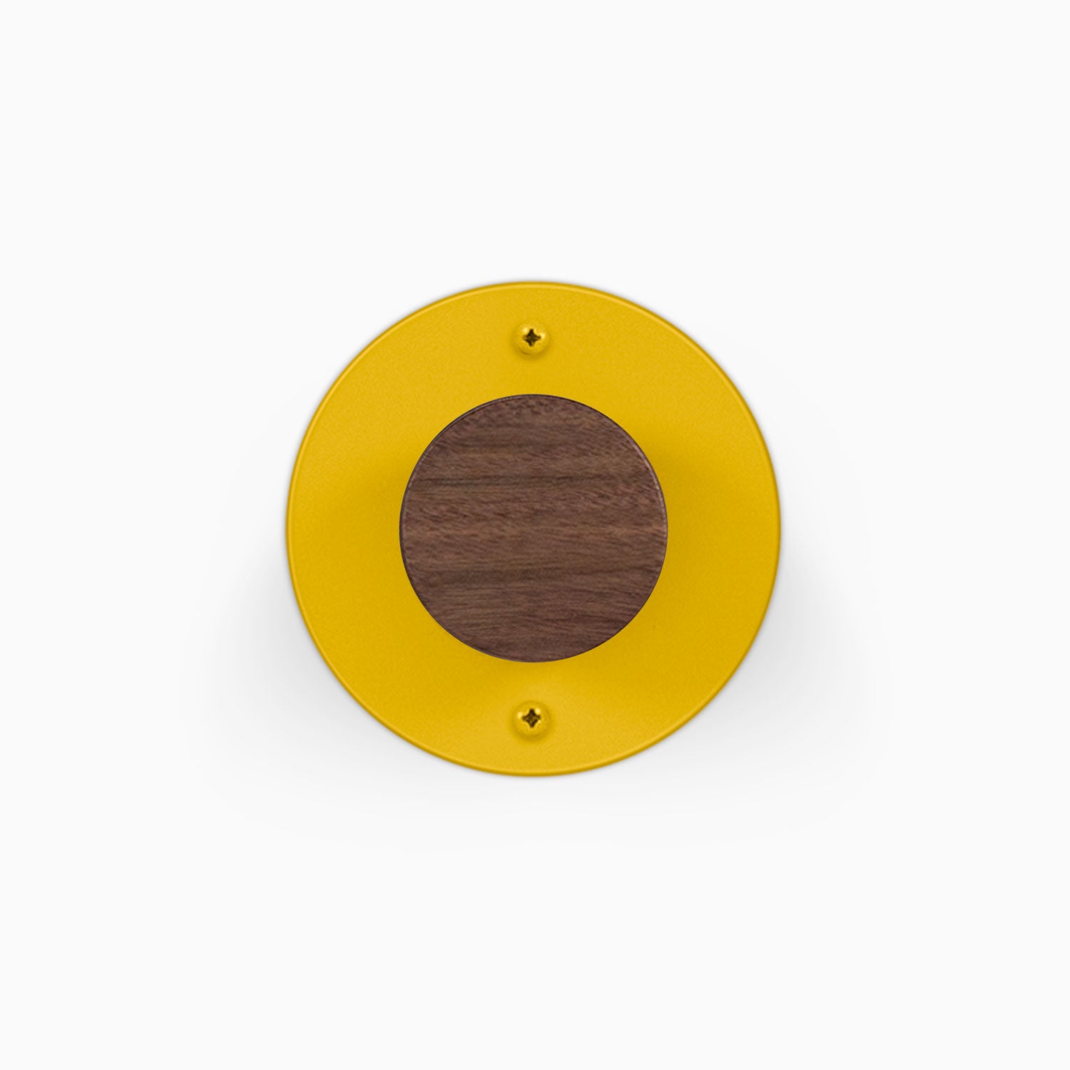 Runda Coat Rack 1 yellow round wall mounted coat rack with a walnut wood center and two visible mounting screws