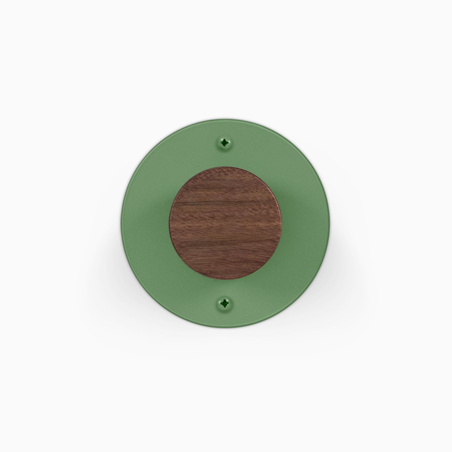 Runda Coat Rack 1 round green wall mounted coat rack with a contrasting wood center and two visible mounting screws