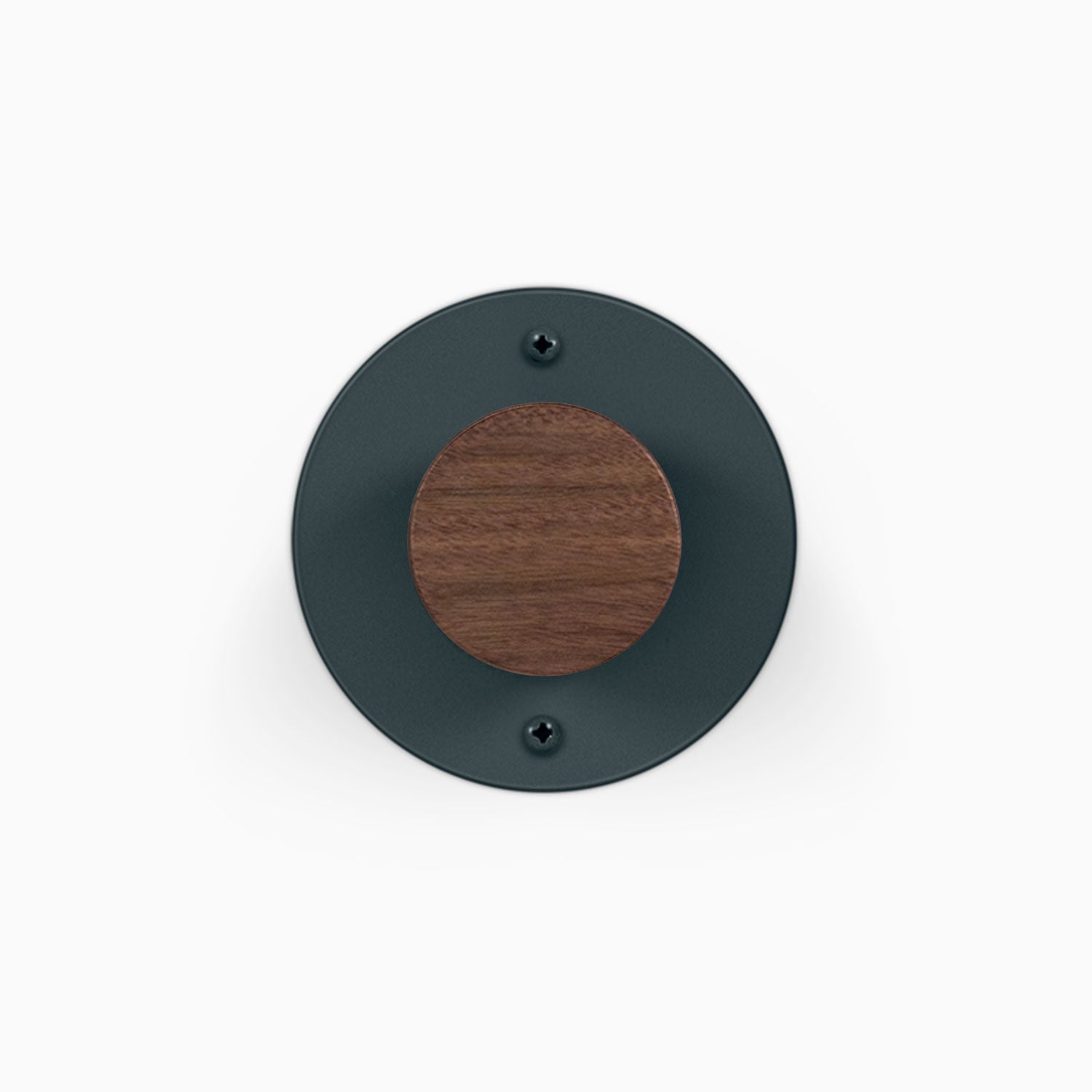 Runda Coat Rack 1 round dark metal wall hook with walnut wood center and two mounting screws