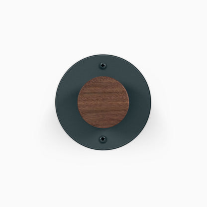 Runda Coat Rack 1 round dark metal wall hook with walnut wood center and two mounting screws