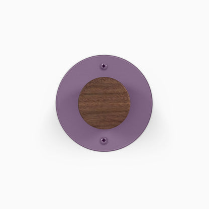 Runda Coat Rack 1 round purple wall mounted coat rack with central wood accent and two mounting screws