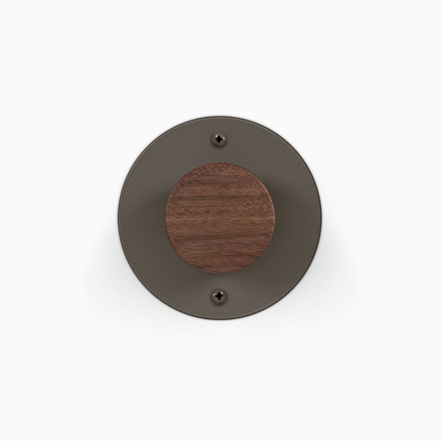 Runda Coat Rack 1 round dark metal wall hook with a wood center for entryway organization