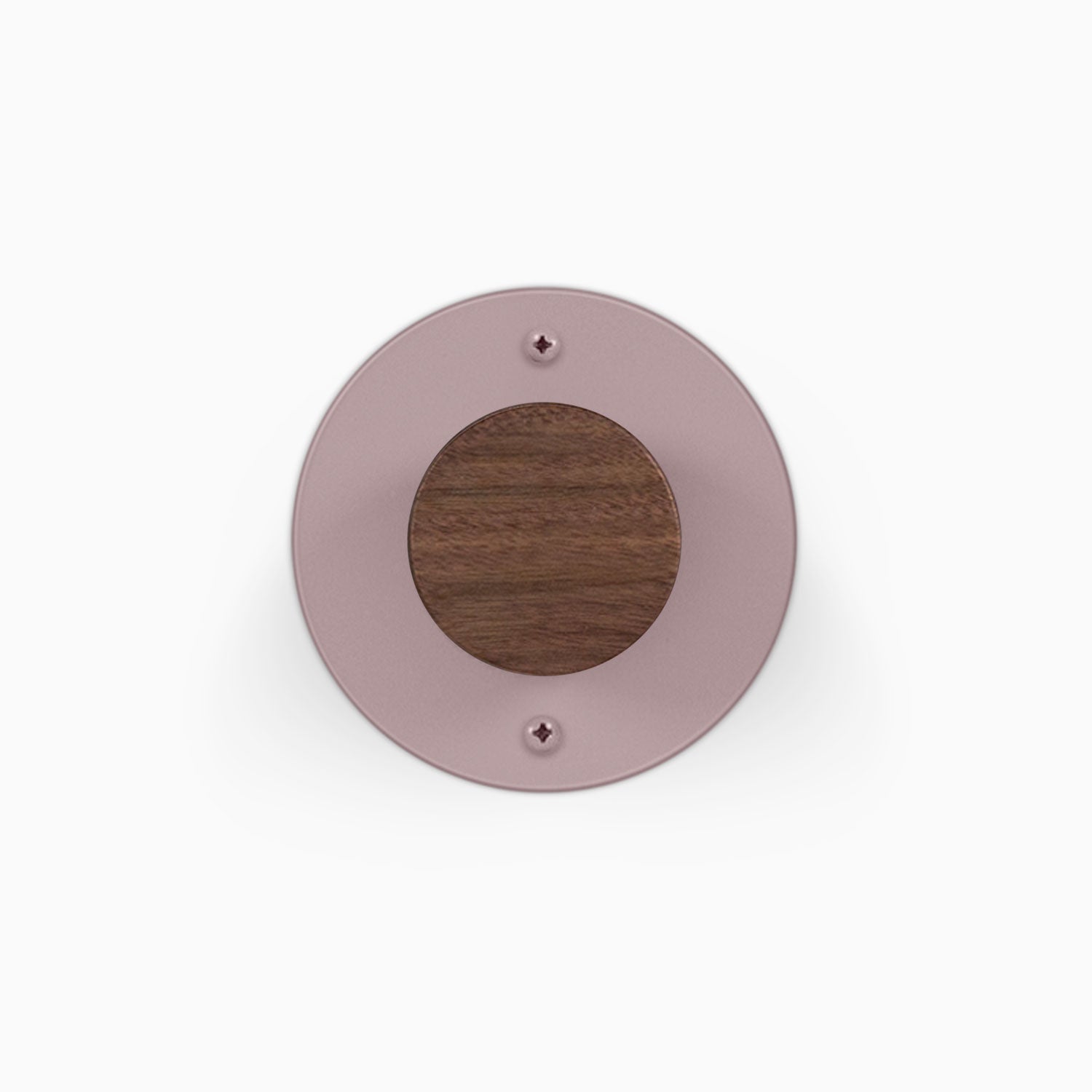 Runda Coat Rack 1 round mauve wall mounted coat rack with a contrasting dark wood center and visible mounting screws