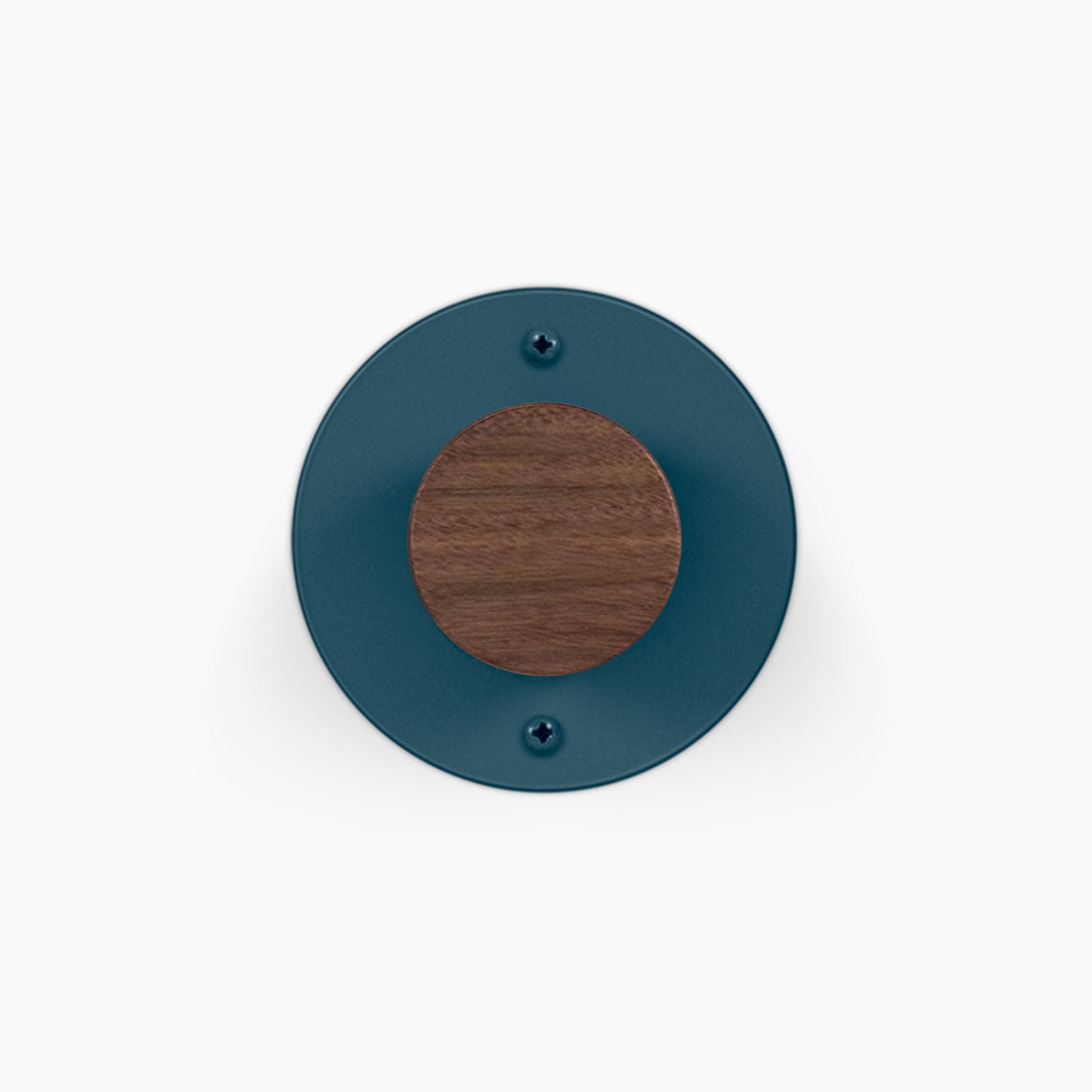 Runda Coat Rack 1 round blue wall mounted coat rack with a wood center and two visible mounting screws