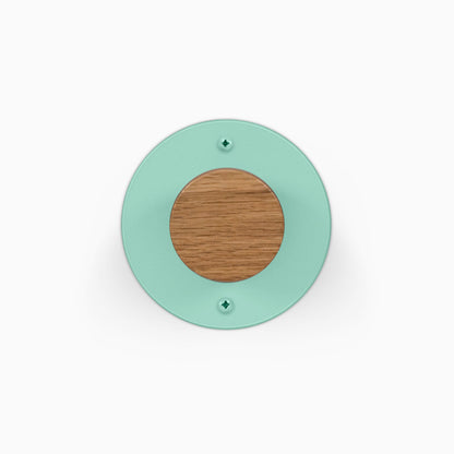 Runda Coat Rack 1 in mint green with a round solid wood center and two visible wall mounting screws for organized entryway storage
