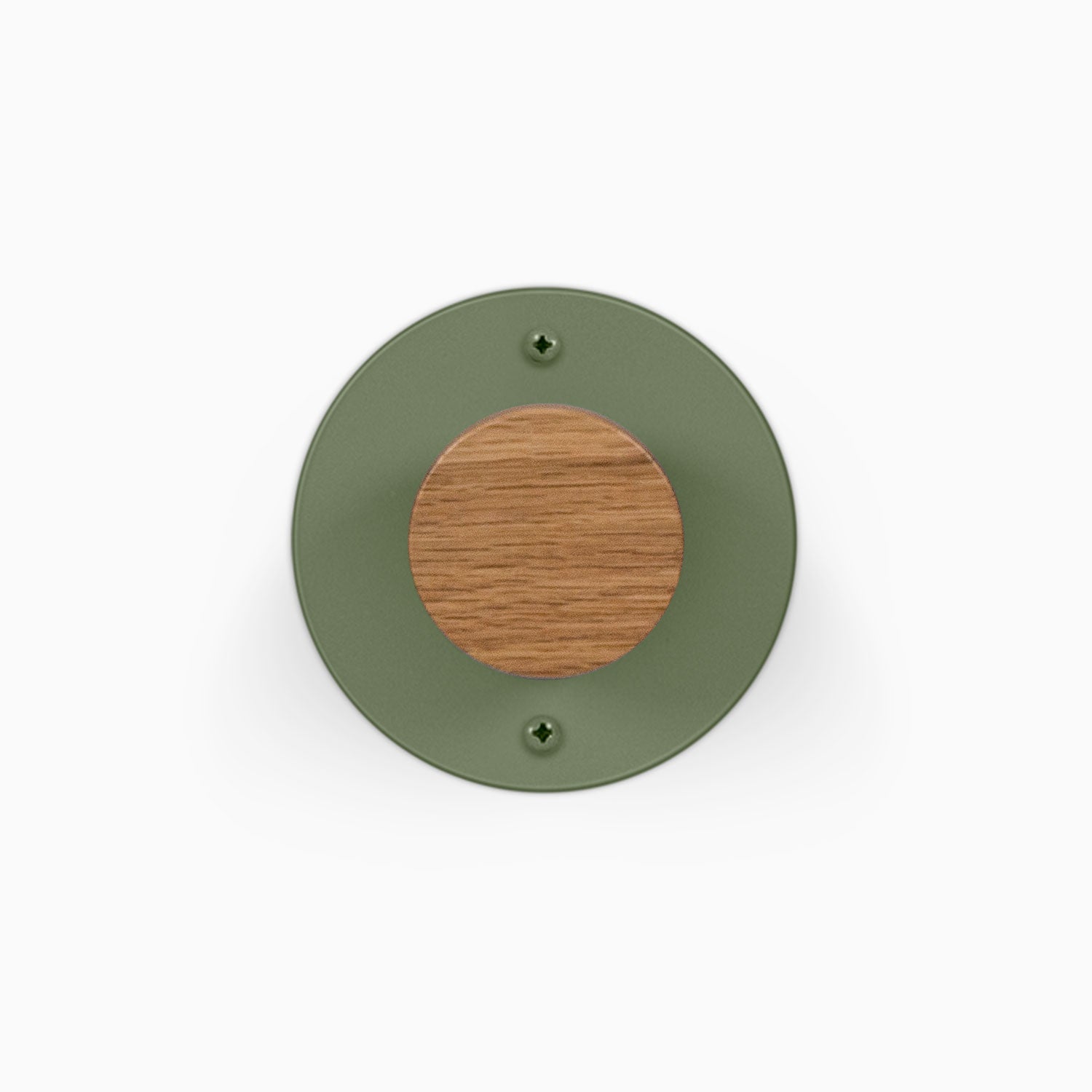 Runda Coat Rack 1 round green wall mounted coat rack with a wood center and two visible mounting screws on a white background