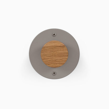 Runda Coat Rack 1 round gray metal wall hook with solid hardwood accent and two mounting screws