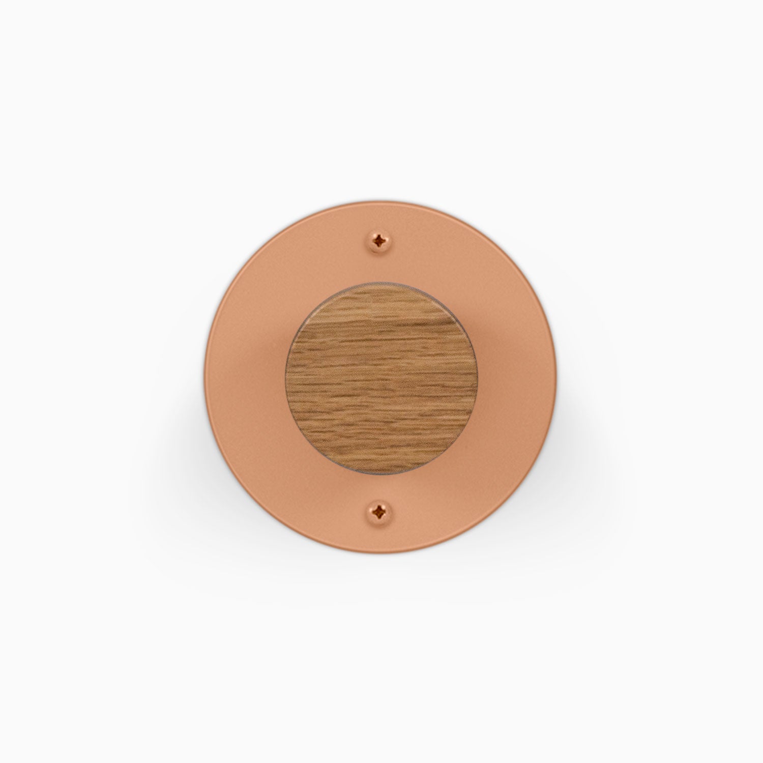 Runda Coat Rack 1 round copper wall hook with a warm wood center and two visible mounting screws