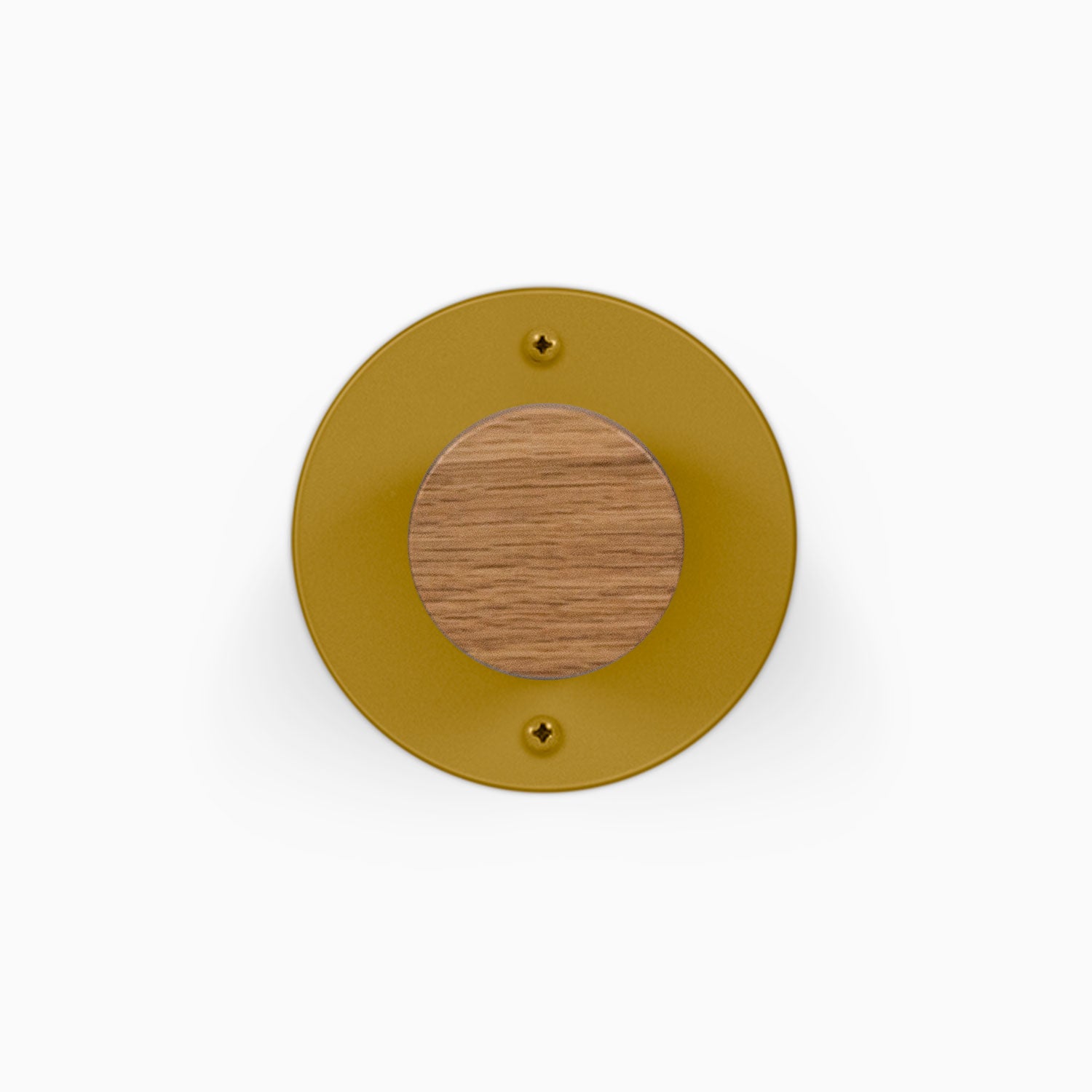 Runda Coat Rack 1 circular gold wall hook with a solid hardwood center and two visible mounting screws for organized entryway storage