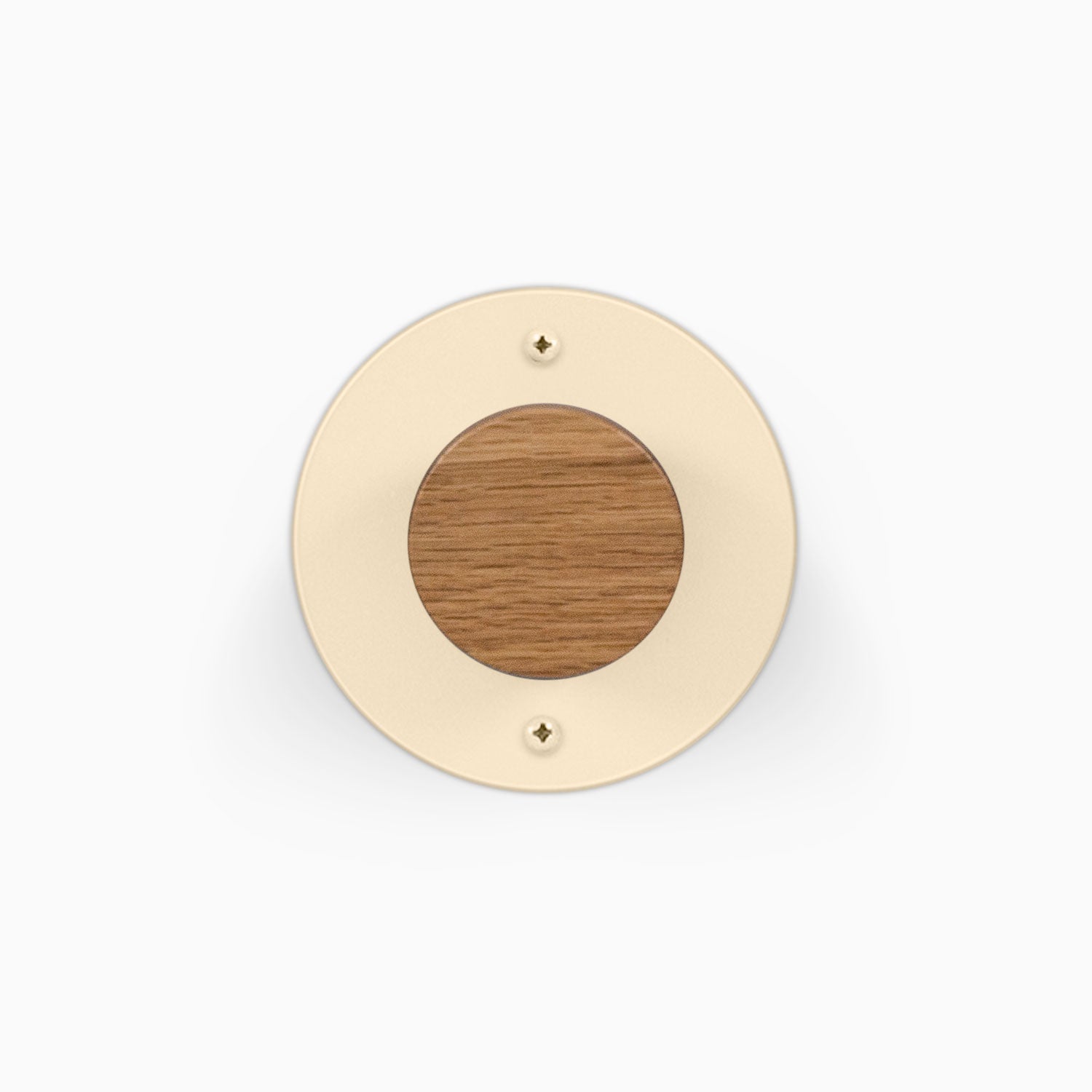 Runda Coat Rack 1 circular wall mounted coat rack with wood center and cream metal plate secured by two screws