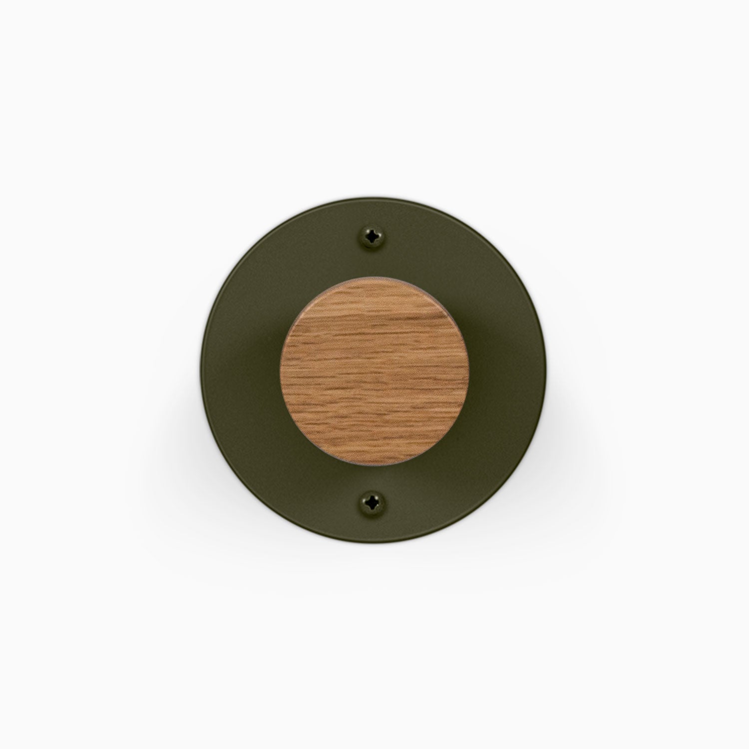 Runda Coat Rack 1 round dark metal wall hook with a centered solid wood peg and two visible mounting screws