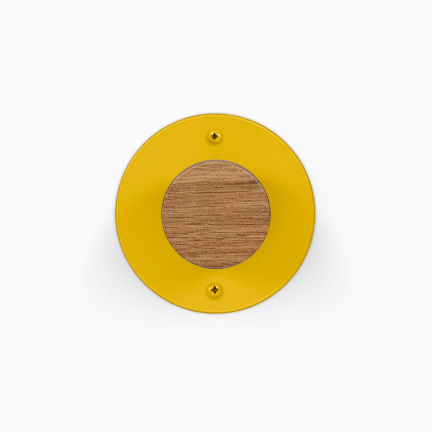 Runda Coat Rack 1 yellow circular wall hook with a round wood center and two visible mounting screws