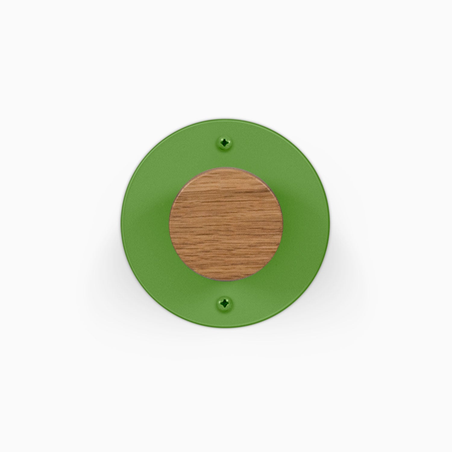Runda Coat Rack 1 green circular wall mounted rack with a round wood center and two visible mounting screws