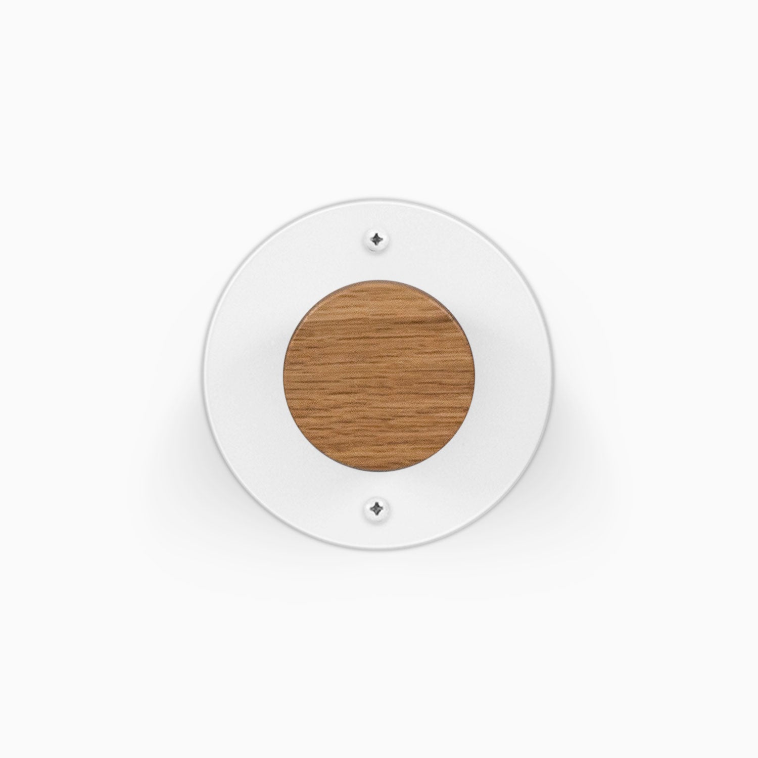 Runda Coat Rack 1 white circular wall mounted coat rack with a round wood accent and visible mounting screws