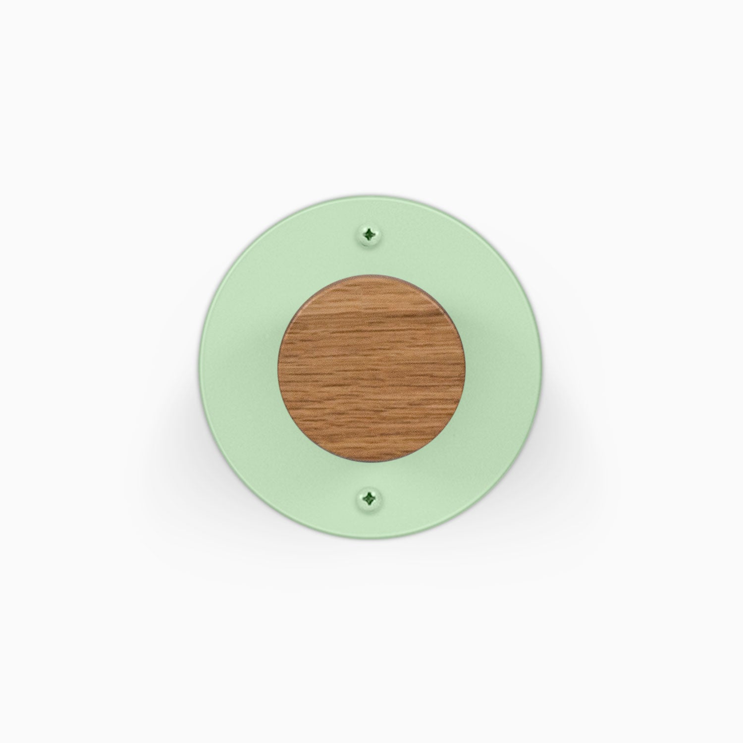 Runda Coat Rack 1 green circular wall mounted coat rack with a natural wood center and two visible mounting screws
