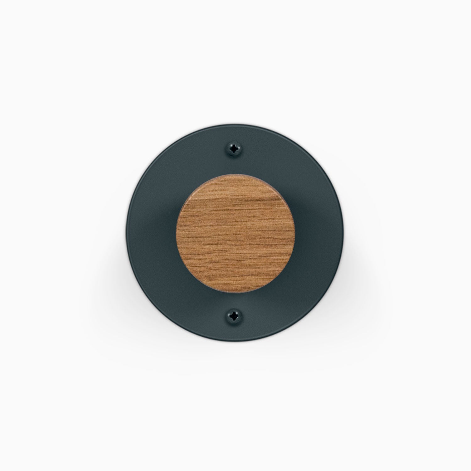 Runda Coat Rack 1 round black metal wall hook with a wood center for minimalist entryway organization