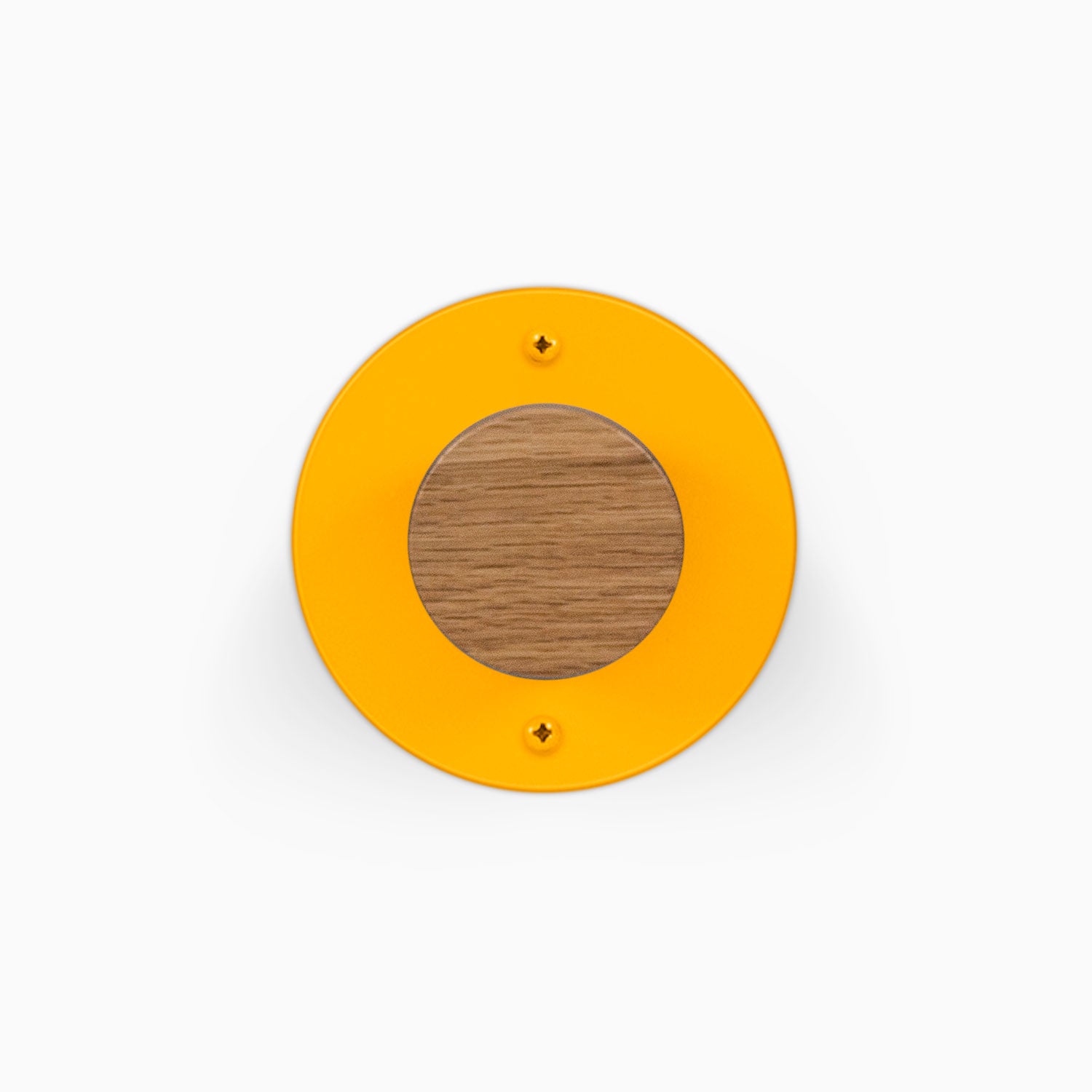 Runda Coat Rack 1 orange circular wall mounted coat rack with a round wood center and two visible mounting screws