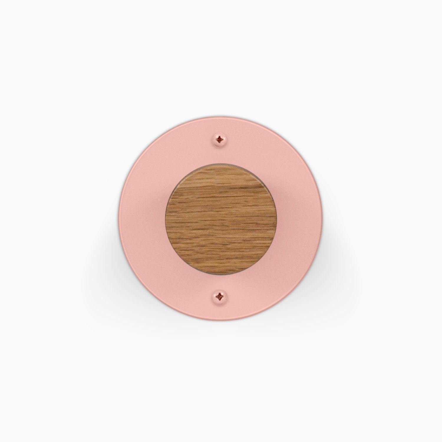 Runda Coat Rack 1 pink round wall hook with a wood center and visible mounting screws