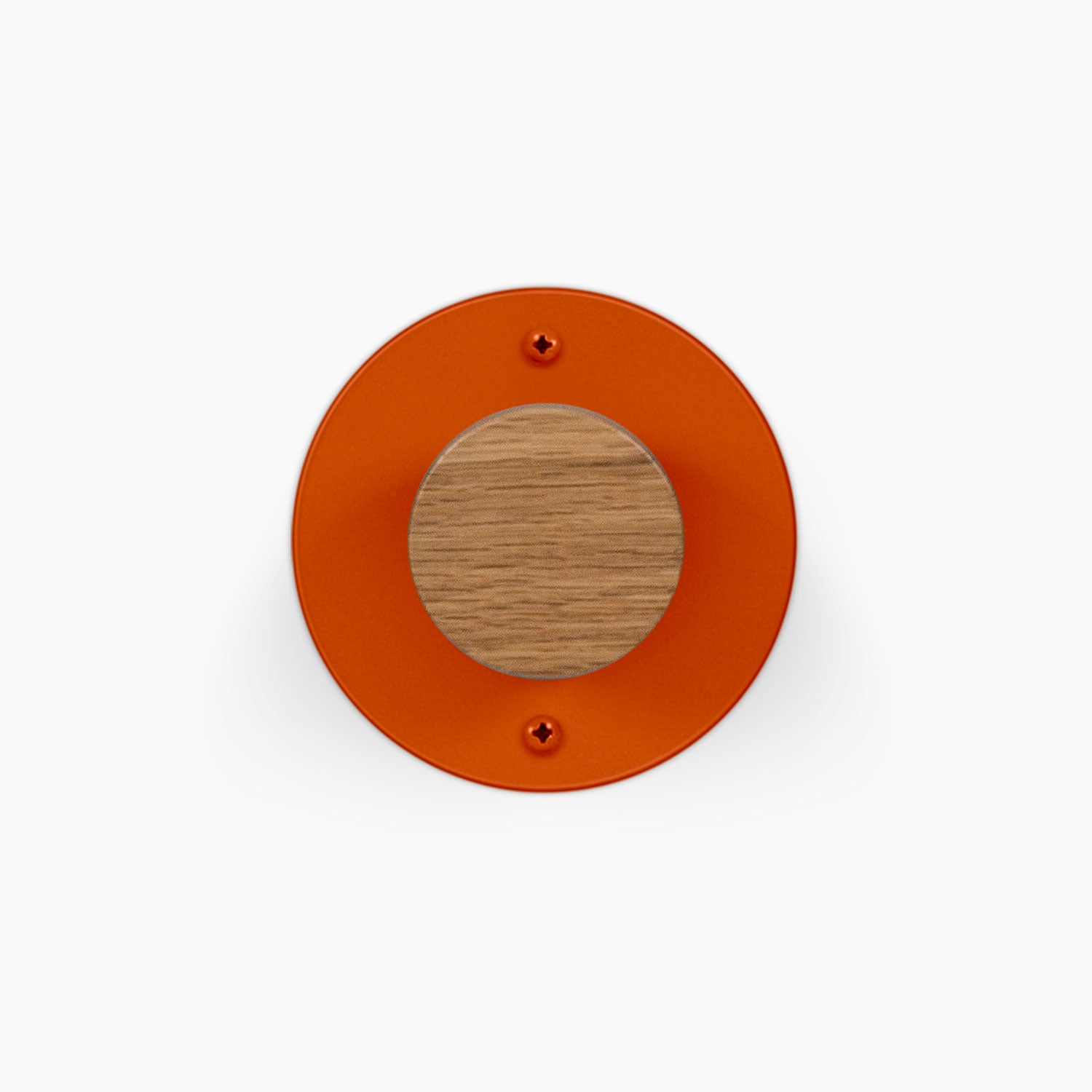 Runda Coat Rack 1 orange round wall hook with a wood center and two visible mounting screws