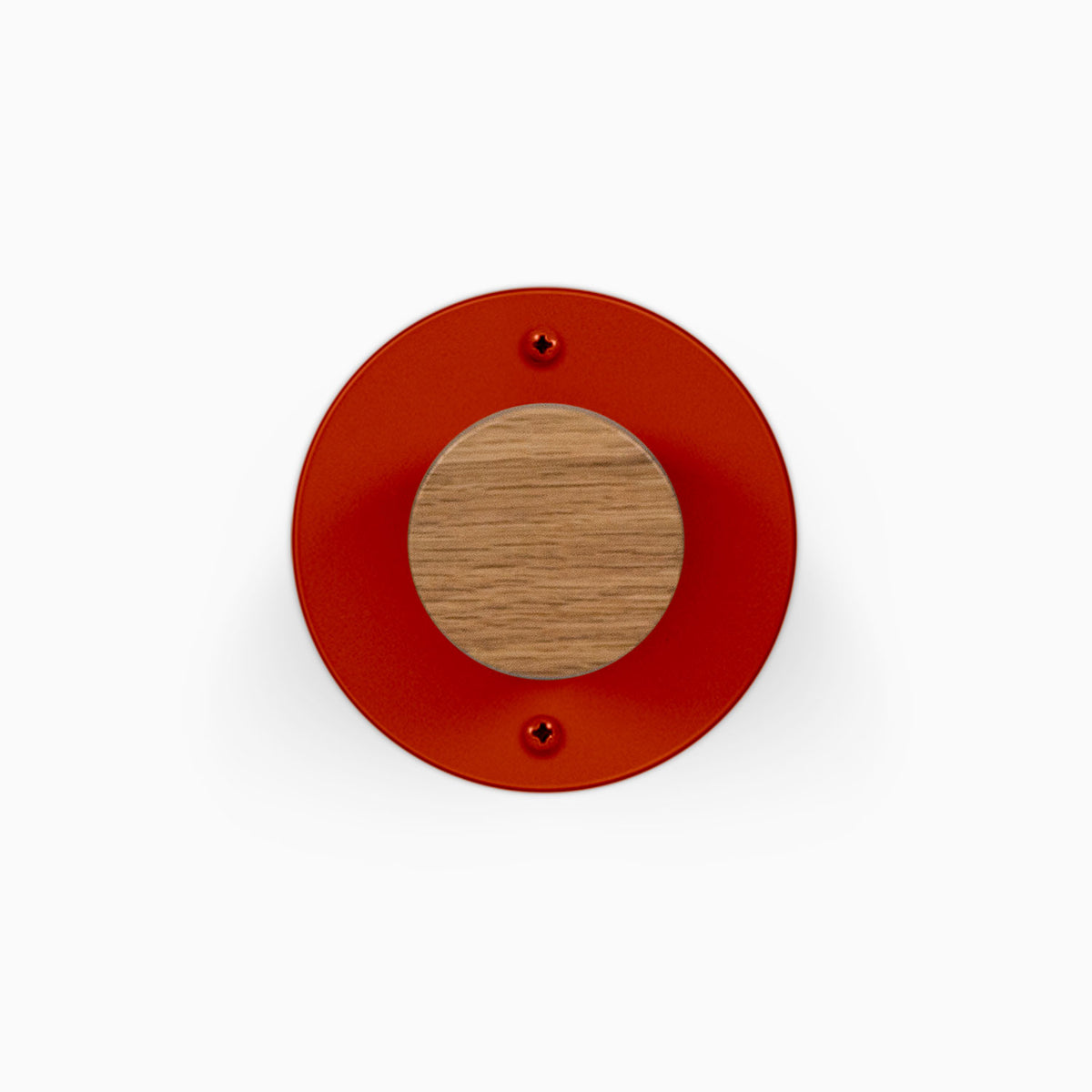 Runda Coat Rack 1 red circular wall hook with a solid hardwood center for organized entryway storage