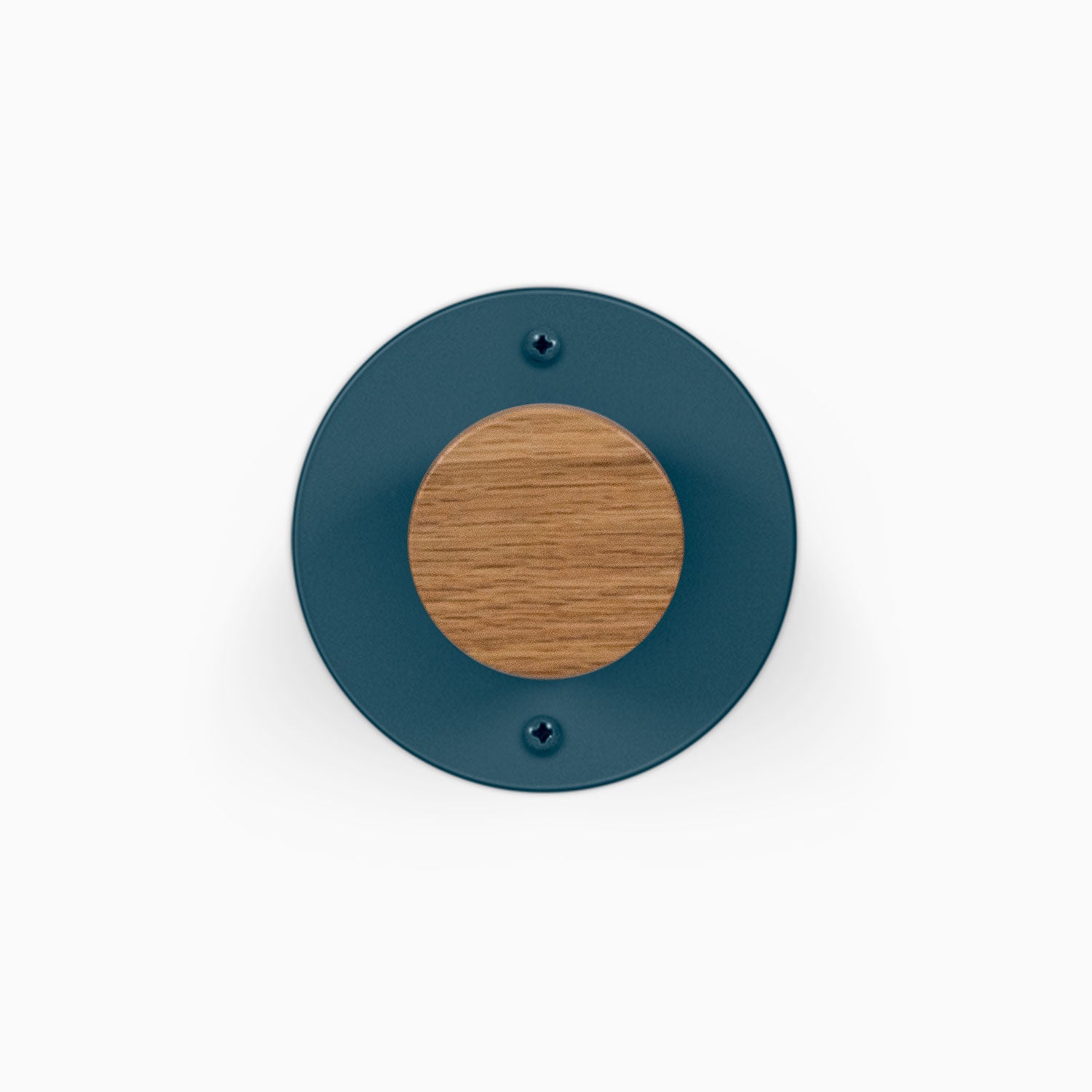 Runda Coat Rack 1 round teal wall hook with a wooden center and visible mounting screws on a white background