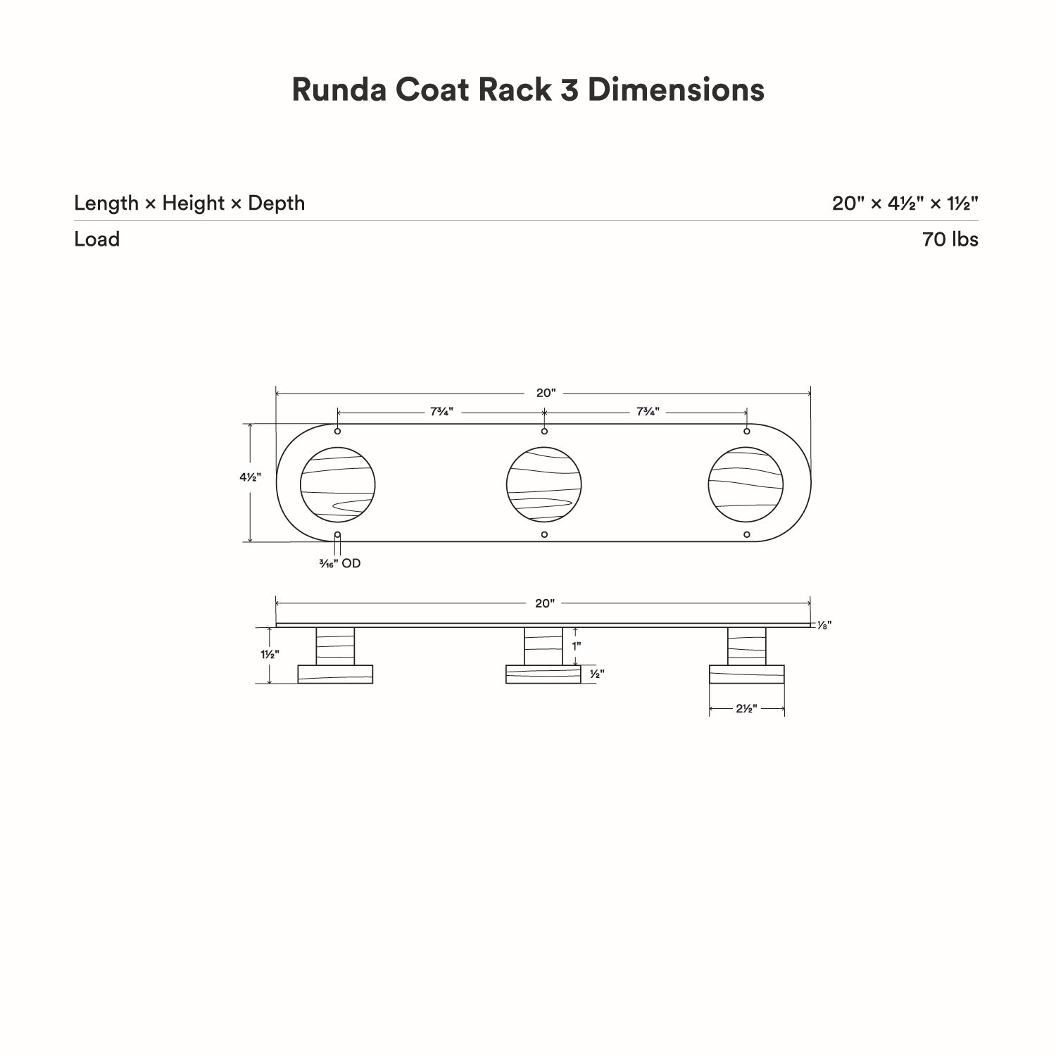 Runda Coat Rack 3 with three hardwood pegs on a slim frame, designed for efficient wall storage and hanging