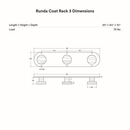 Runda Coat Rack 3 with three hardwood pegs on a slim frame, designed for efficient wall storage and hanging
