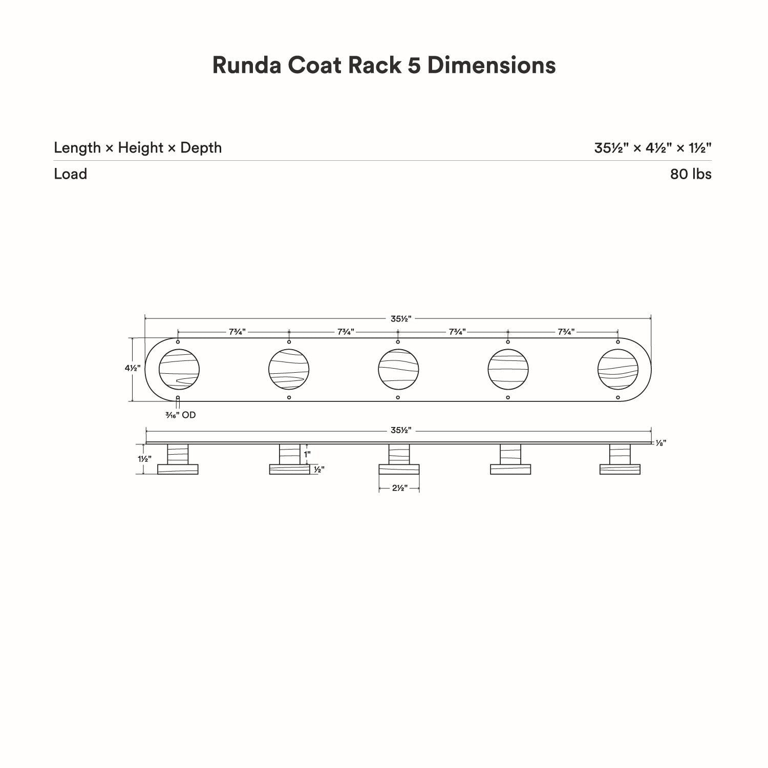 Runda Coat Rack 5 with five solid hardwood pegs and slim steel base, designed for efficient wall hooks and organization