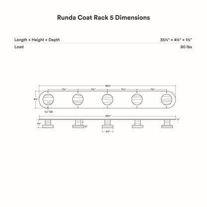 Runda Coat Rack 5 with five solid hardwood pegs and slim steel base, designed for efficient wall hooks and organization