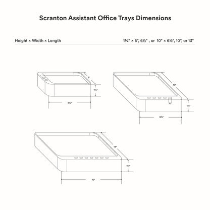 Technical line drawing showing dimensions of three sizes of Scranton Office Tray with measurements labeled for height, width, and length in a minimalist style.