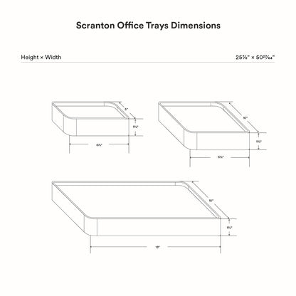 Technical line drawing showing dimensions of Scranton Office Tray in three size variations with detailed measurements for height, width, and depth of each tray.