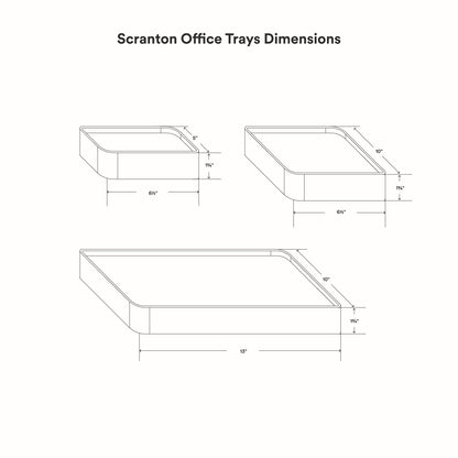 Technical line drawing of Scranton Office Tray showing precise dimensions for three sizes with minimalist, functional design.