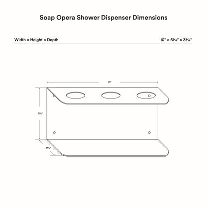 Technical line drawing showing dimensions of the Soap Opera Shower Dispenser with a minimalist design measuring 10 by 6 and 3/16 by 3 and 7/16 inches.