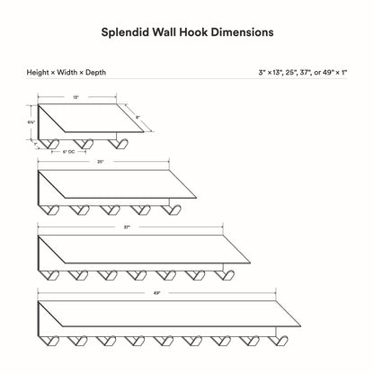 Technical line drawing showing dimension variations for Splendid Shelf + Coat Hooks, with multiple lengths featuring stainless steel hooks beneath a slim floating shelf.