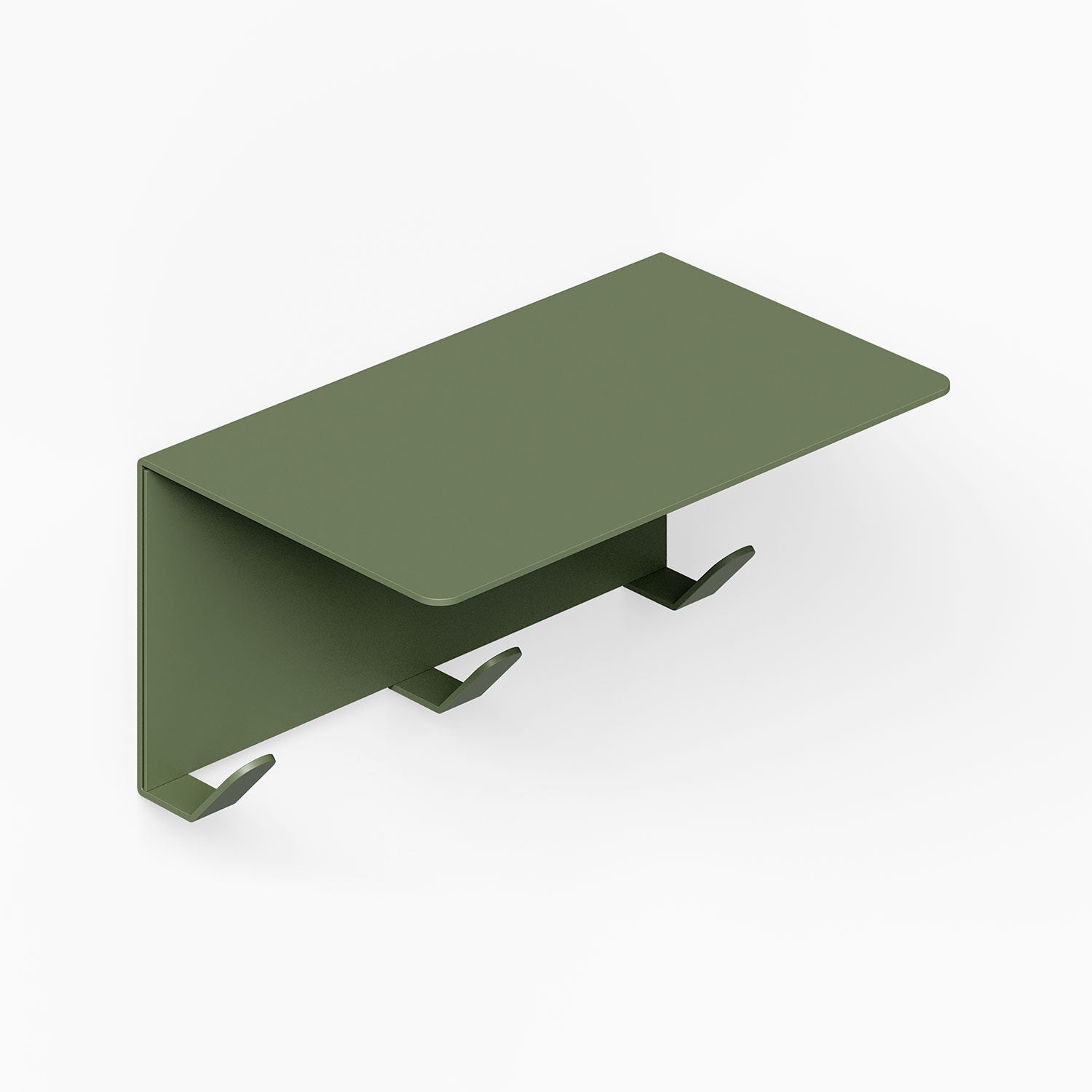 Green Splendid Shelf + Coat Hooks with minimalist metal design features three hooks beneath a flat wall-mounted shelf, ideal for organized, stylish spaces.