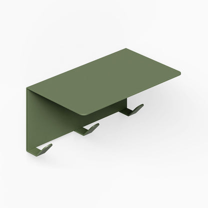 Green Splendid Shelf + Coat Hooks with minimalist metal design features three hooks beneath a flat wall-mounted shelf, ideal for organized, stylish spaces.
