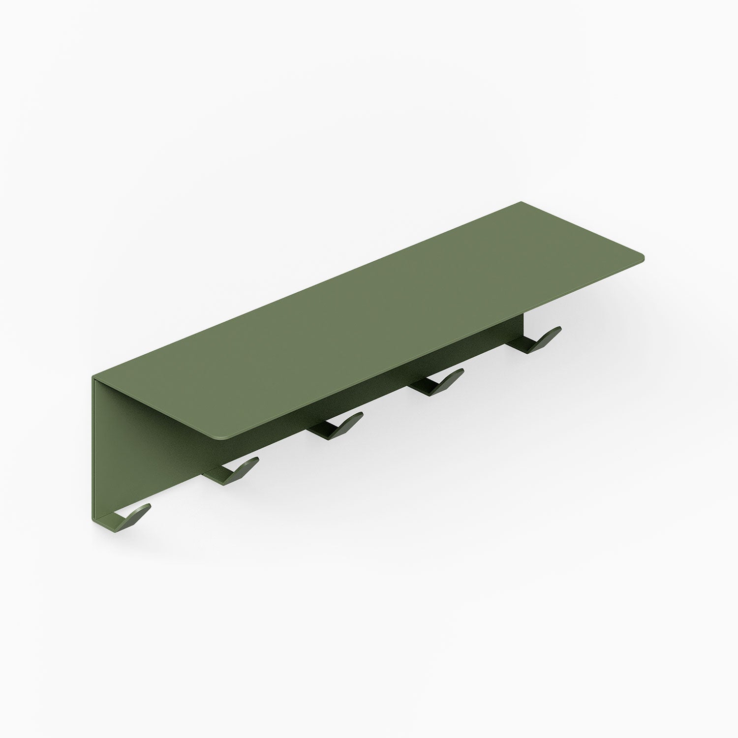 Minimalist olive green metal Splendid Shelf + Coat Hooks mounted on a white wall, featuring five sturdy hooks for organizing coats and accessories.